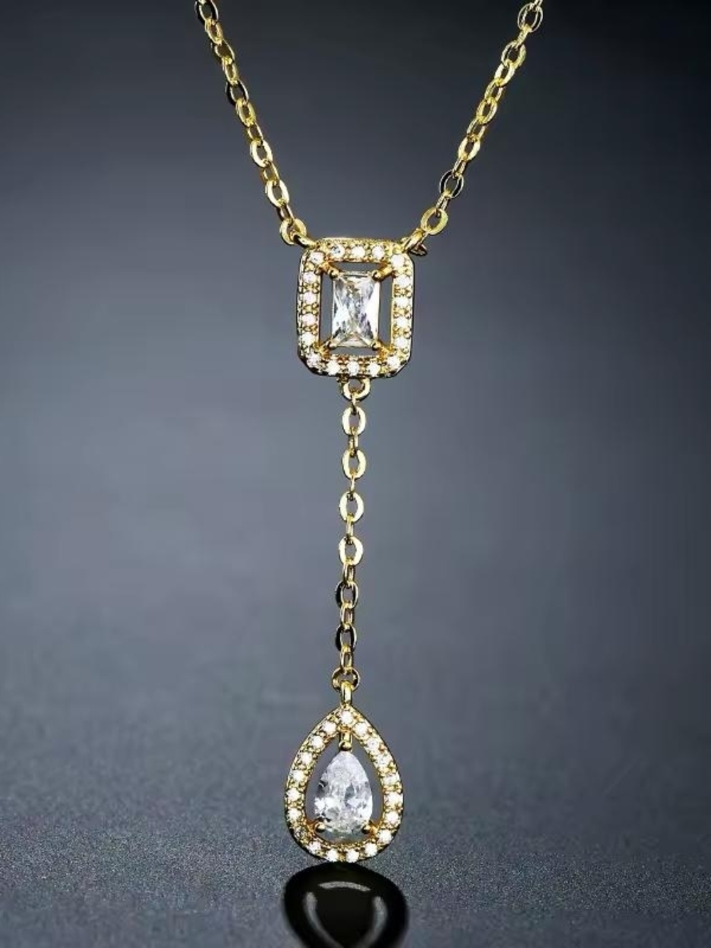 Gold Drop Necklace with Clear Stones